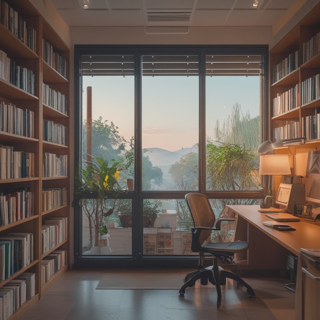Przestronne, dobrze oświetlone biuro z regałami pełnymi książek naukowych i anatomicznych atlasów, drewniane meble, duże okno z widokiem na miejską ulicę, naturalne światło dzienne