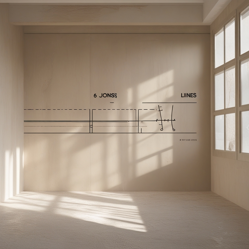Czyste, minimalistyczne studio z drewnianą podłogą i białymi ścianami, w którym widać schematyczne linie wyznaczające osie ruchu ciała, rysowane jasnym światłem na neutralnym tle