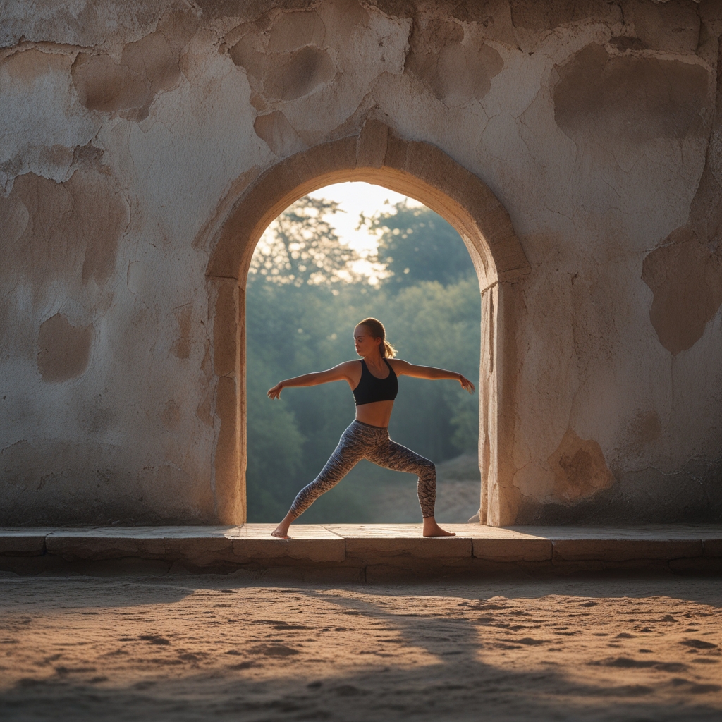 Spokojna, minimalistyczna przestrzeń z naturalnym drewnianym parkietem i kremowymi ścianami, przedstawiająca matę do jogi rozłożoną przy oknie w cichym, rannym świetle