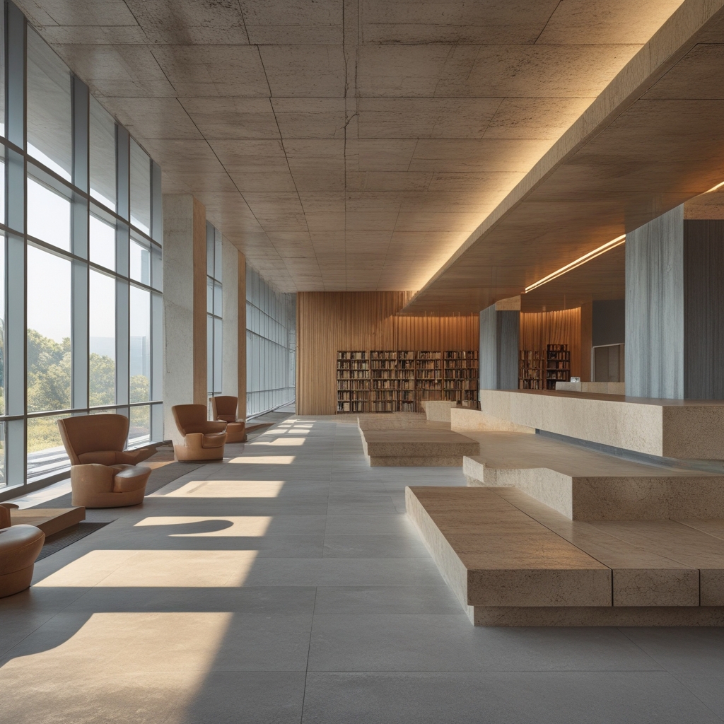 Nowoczesna biblioteka naukowa z rzędami wysokich półek z książkami, drewniane stoły do czytania, spokojne oświetlenie, atmosfera skupienia i intelektualnej pracy